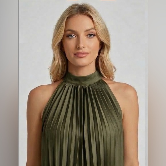 Tie Back Pleated Halter Dress Army Green - Picture 2 of 5